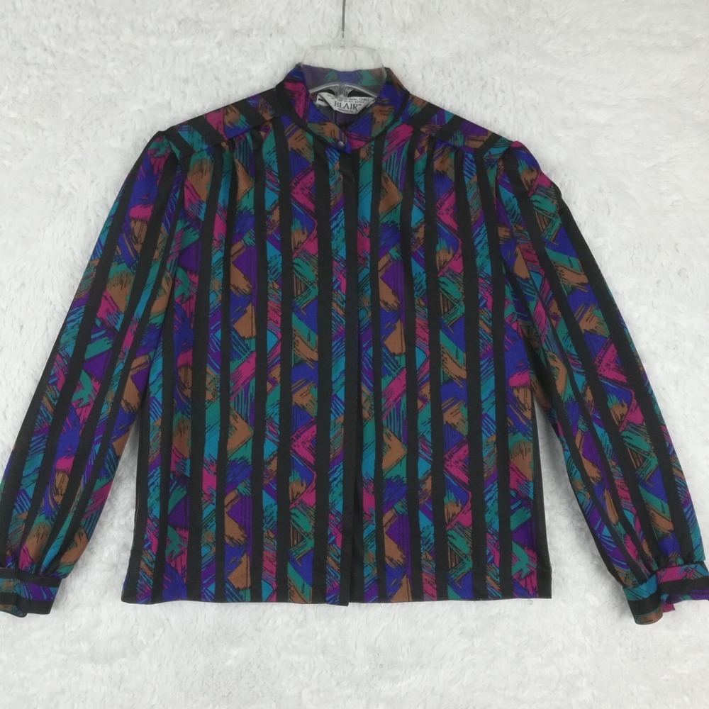 Vintage Blair Shirt Womens Button Down Blue Purple Striped Puff Mandarin S